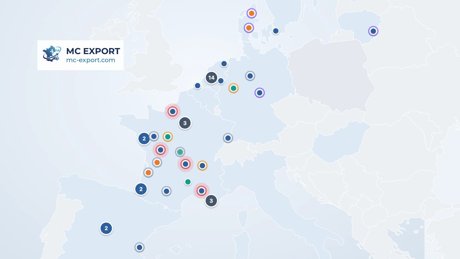 Mapa de la red europea de MC Export: socios y contactos en Francia y en varios países de Europa